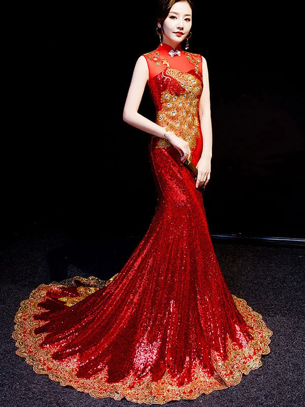 Custom Made Sequined Brush Train Qipao Cheongsam Evening Dress