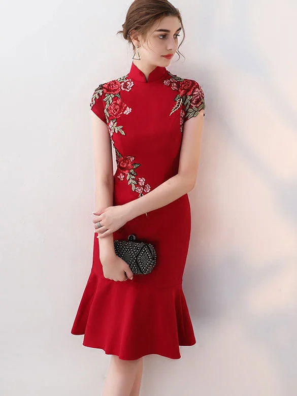 Burgundy Black Embroidered Midi Frill Hem Qipao / Cheongsam Dress