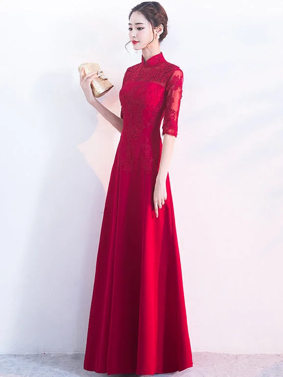 Wine Red A-Line Maxi Wedding Qipao Cheongsam Dress