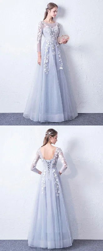 Gray blue cute round neck lace applique tulle long prom dress, evneing dress cg16715 Gray blue cute round neck lace applique tulle long prom dress, evneing dress cg16715