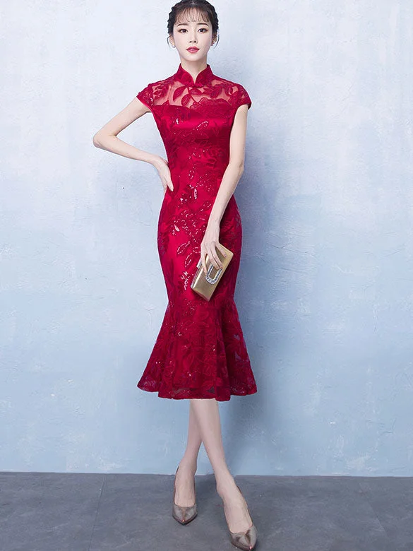 Sequins Lace Fishtail Qipao / Cheongsam Wedding Dress