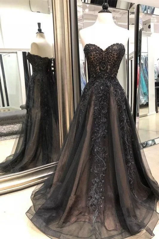 Black Sweetheart Tulle Lace Strapless Beads Prom Dresses with Lace up Evening Dresses cg16589 Black Sweetheart Tulle Lace Strapless Beads Prom Dresses with Lace up Evening Dresses cg16589