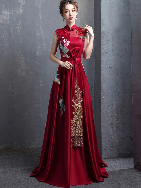 Wine Red A-Line Phoenix Maxi Qipao / Cheongsam Evening Dress