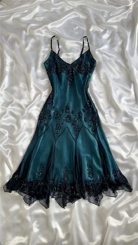 Vintage Blue Straps Beaded A Line Prom Dress Party Evening Dress  cc2049