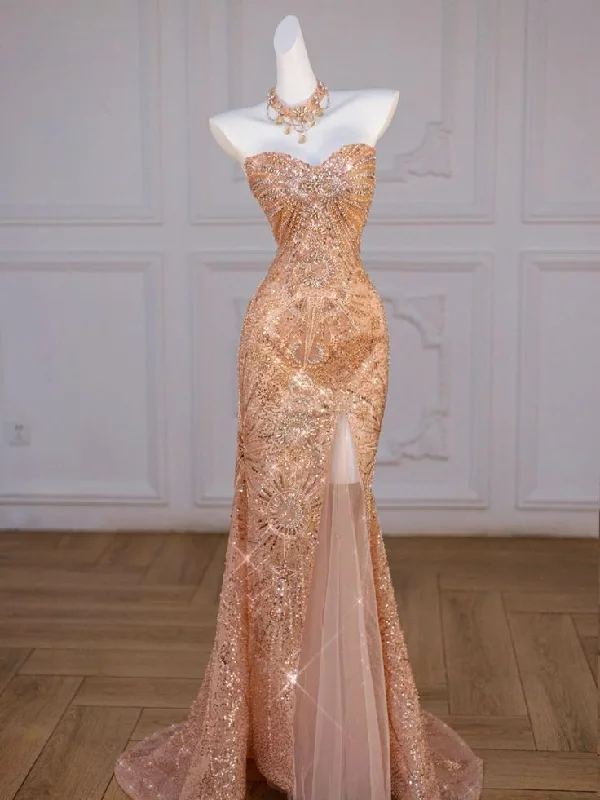 Luxurious Mermaid Sweetheart Sequin Long Slit  Evening Dress Gold Prom Dress cc2017