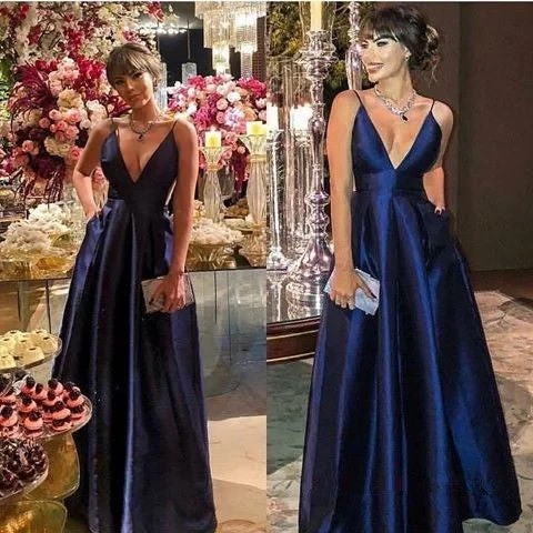 Elegant Evening prom Dresses Navy Blue Long Strap V Neck Flared Skirt With Pockets cg16796 Elegant Evening prom Dresses Navy Blue Long Strap V Neck Flared Skirt With Pockets cg16796