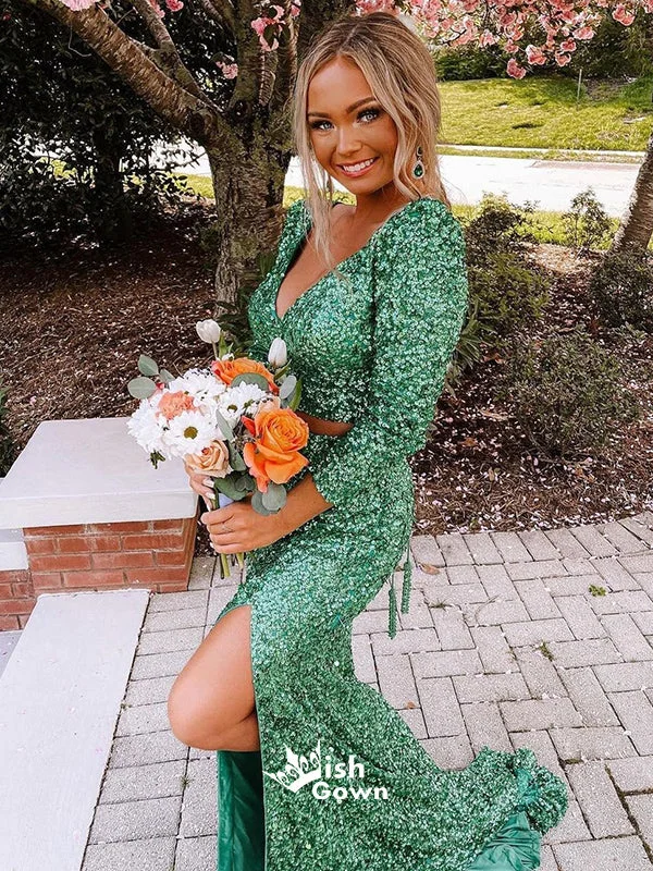 Two Piece Slit Sequins Long Sleeve V-neck Lace Up Mermaid Long Prom Dresses , WGP115 Two Piece Slit Sequins Long Sleeve V-neck Lace Up Mermaid Long Prom Dresses , WGP115