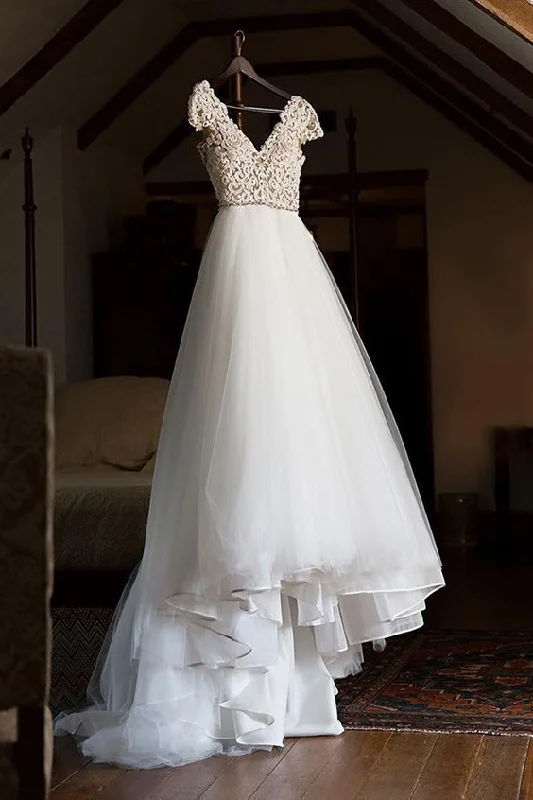 Cap Sleeve Appliques Lace Tulle Prom Dress  cg16751