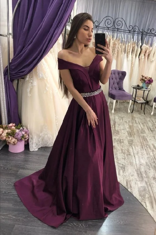 Purple A Line Elegant Prom Dress Off Shoulder Beaded Sash V Neck Formal Dresses cg16646 Purple A Line Elegant Prom Dress Off Shoulder Beaded Sash V Neck Formal Dresses cg16646