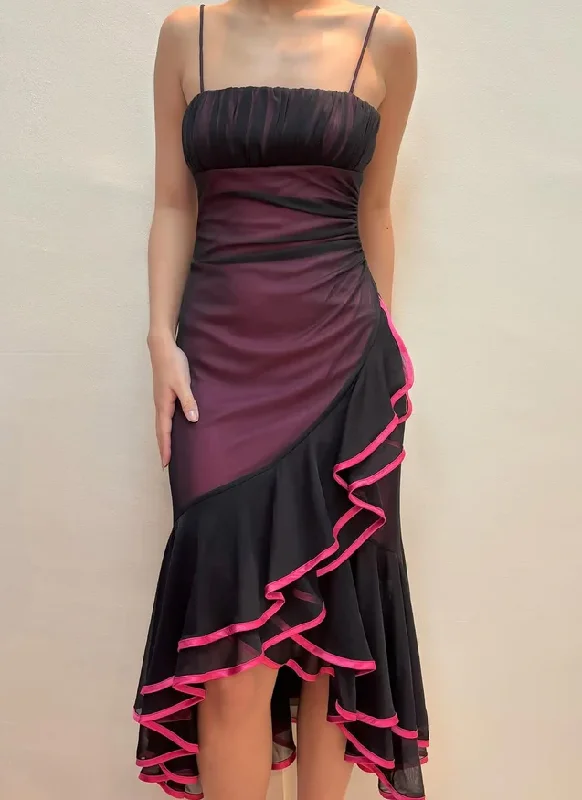 Vintage Straps Mermaid Ruffle Prom Dress Unique Chiffon Party Evening Gown cc2039