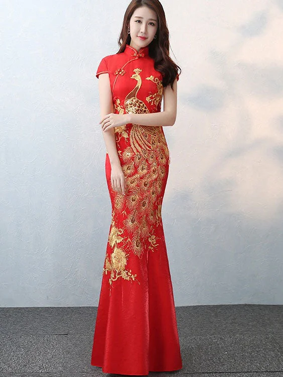 Gold Phoenix Fishtail Qipao Cheongsam Wedding Dress