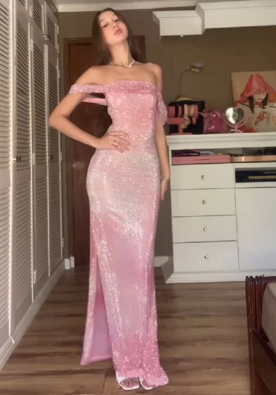 Glitter Pink Sequins Off The Shoulder Long Prom Dress Slit Party Evening Gown cc2016 Glitter Pink Sequins Off The Shoulder Long Prom Dress Slit Party Evening Gown cc2016
