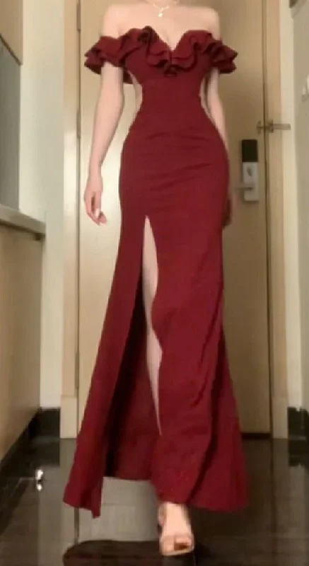 Pretty Ruffled Off The Shoulder Mermaid Long Prom Dress Slit Evening Dress cc2022