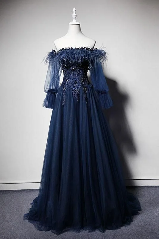 Navy Blue Tulle Lace Off Shoulder Floor Length Custom Size Prom Dress With Sleeve cg16563 Navy Blue Tulle Lace Off Shoulder Floor Length Custom Size Prom Dress With Sleeve cg16563
