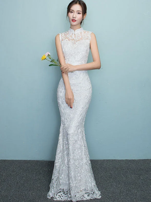 White Lace Fishtail Full-Length Wedding Qipao Cheongsam Dress