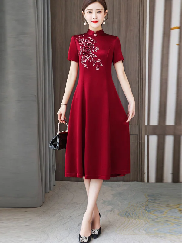Red Bridal Mother's Fit & Flare Cheongsam Qi Pao Dress