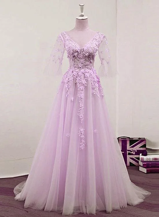 Light Purple Tulle V-Neckline Lace Applique New Prom Dress 2021, Lavender Party Dress cg16639 Light Purple Tulle V-Neckline Lace Applique New Prom Dress 2021, Lavender Party Dress cg16639