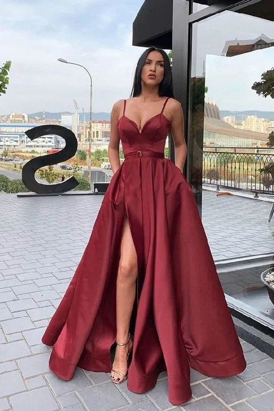 Straps A-Line Maroon Long Prom Dress with Slit  cg16719