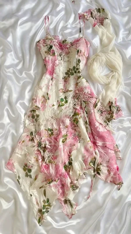 Beautiful Straps Chiffon Print Floral Evening Dress Formal Party Prom Dress cc2069