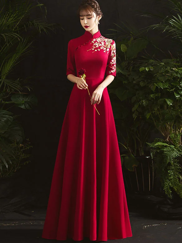 A-Line Floor Length Embroidered Qipao / Cheongsam Wedding Dress
