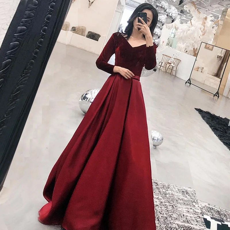 Wine Red Satin And Velvet Long Party Dress, Long Sleeves Evening Dress Long Prom Dress cg16807 Wine Red Satin And Velvet Long Party Dress, Long Sleeves Evening Dress Long Prom Dress cg16807