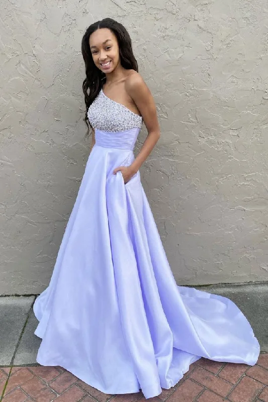 PURPLE ONE SHOULDER SATIN BEADS LONG PROM DRESS SATIN FORMAL DRESS   cg16811