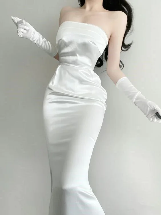 Elegant White Satin Strapless Mermaid Evening Dress Long Party Dress With Gloves cc2023 Elegant White Satin Strapless Mermaid Evening Dress Long Party Dress With Gloves cc2023