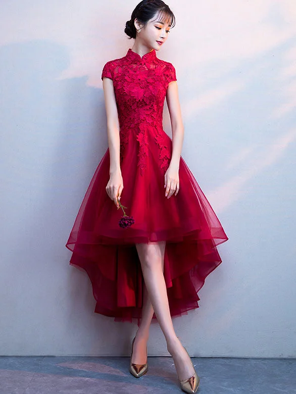 Red High Low Hem Lace Qipao / Cheongsam Party Dress