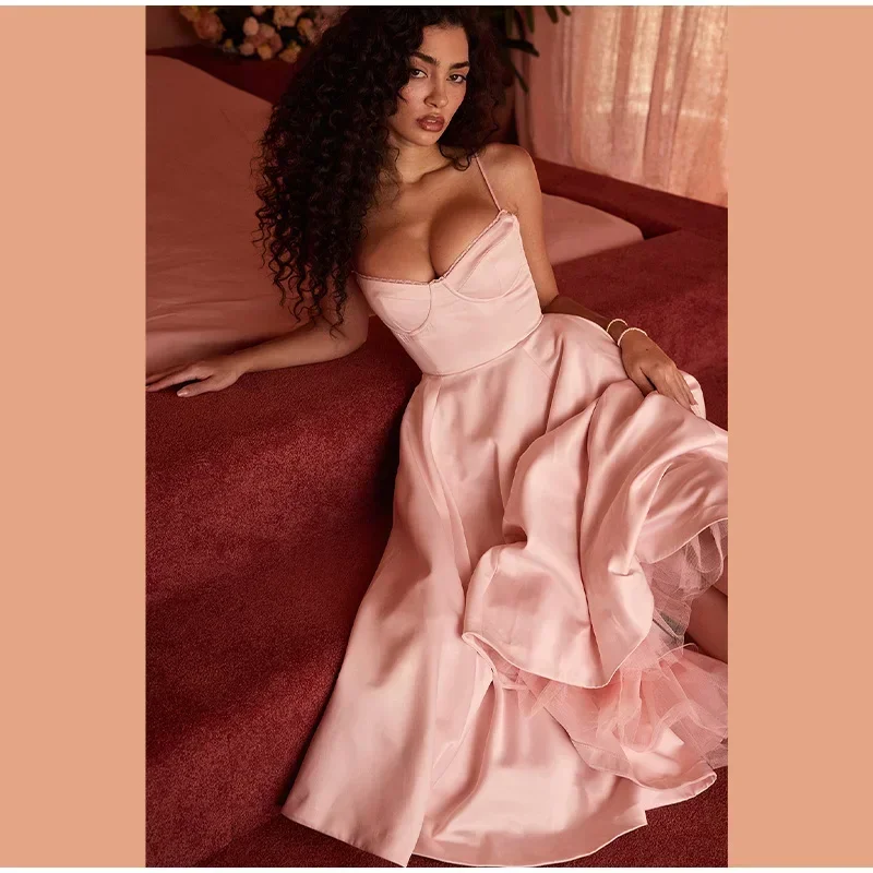 Elegant Midi Dresses Women Fashion Square Neck Sleeveless Backless Dress