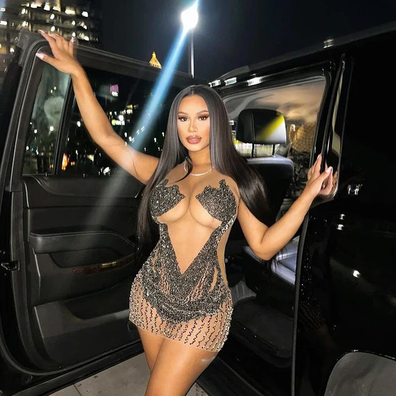 Sexy Hot Women Shiny Rhinestones Mesh Dress Party Lady Sleeveless Sheer Mini Dress Hot Drilling Diamond Bodycon Dresse Sexy Hot Women Shiny Rhinestones Mesh Dress Party Lady Sleeveless Sheer Mini Dress Hot Drilling Diamond Bodycon Dresse