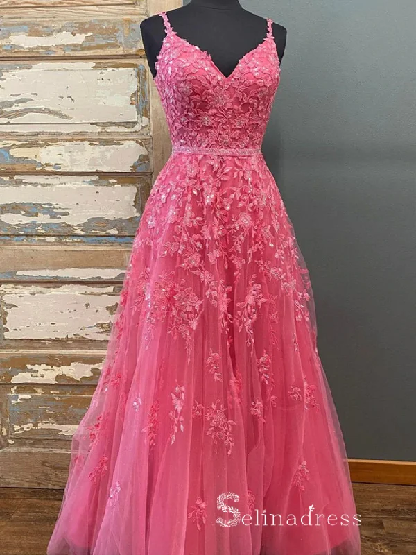 Chic A-line Spaghetti Straps Fuchsia Applique Long Prom Dresses Evening Dresses MLH1221 Chic A-line Spaghetti Straps Fuchsia Applique Long Prom Dresses Evening Dresses MLH1221