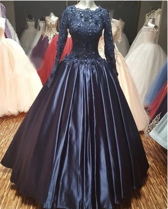 Elegant Navy Blue Ball gown 3D Floral Prom Dress, Long Sleeves Lace Satin Prom Dresses cg16743 Elegant Navy Blue Ball gown 3D Floral Prom Dress, Long Sleeves Lace Satin Prom Dresses cg16743