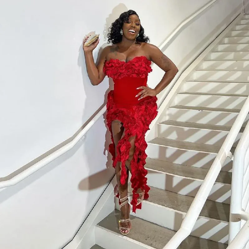 Trendy Sexy Red Ruffles Trimmed Afircan Women Dresses To Party Asymmetrical Strtchy Nigerian Stylished Maxi Dress Trendy Sexy Red Ruffles Trimmed Afircan Women Dresses To Party Asymmetrical Strtchy Nigerian Stylished Maxi Dress