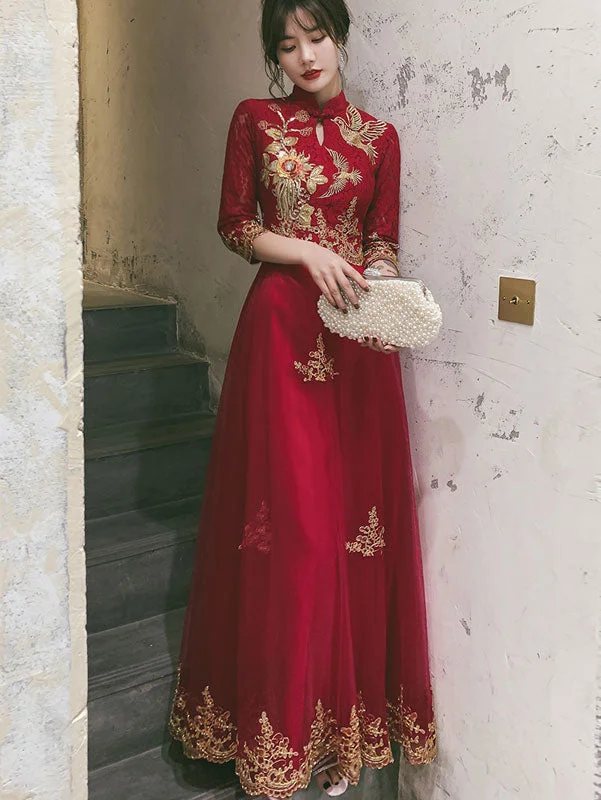 Burgundy Maxi Tulle Wedding Cheongsam Qi Pao Dress