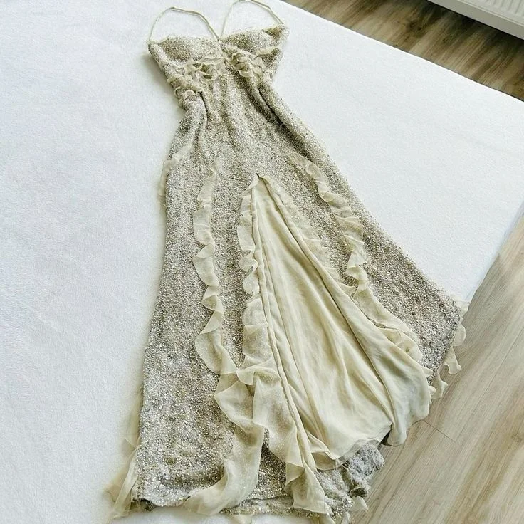 Vintage Sequin Beaded Long Evening Prom Dress Slit Ruffles Party Gown cc2044