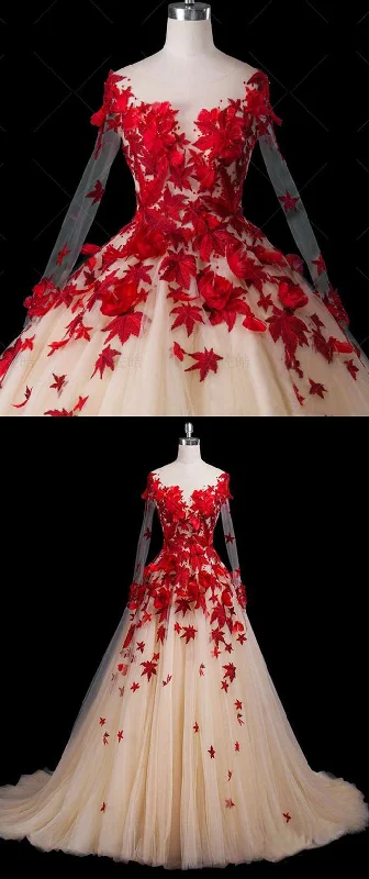 Chic Red Tulle Custom Made Long Puffy Formal Prom Dress, Evening Dress With Flower Applique cg16588 Chic Red Tulle Custom Made Long Puffy Formal Prom Dress, Evening Dress With Flower Applique cg16588