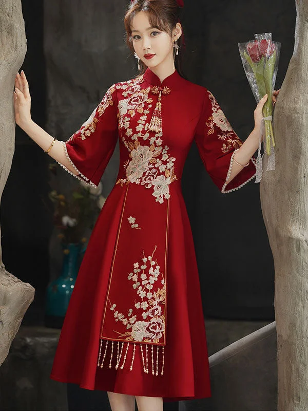 Embroidered A-Line Midi Qi Pao Cheongsam Wedding Dress
