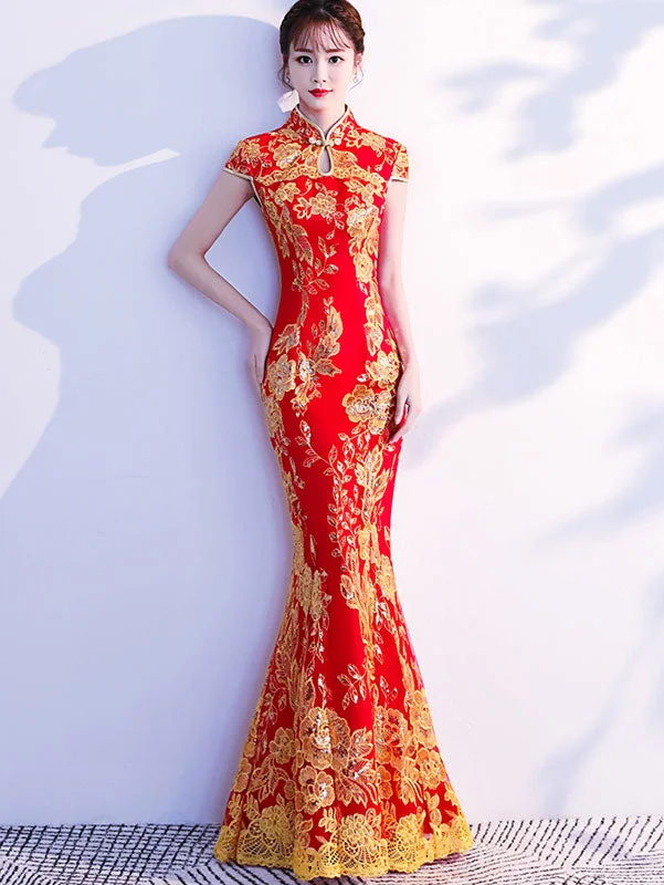 Red Blue Sequin Floral Fishtail Qipao / Cheongsam Wedding Dress