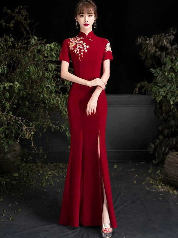 Burgundy Embroidered Thigh Split Wedding Qipao / Cheongsam Dress