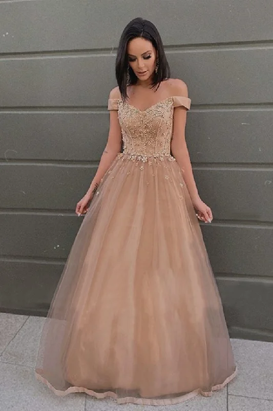 Off the Shoulder Champagne Lace Floral Prom Dress, Off Shoulder Champagne Formal Dress   cg16893