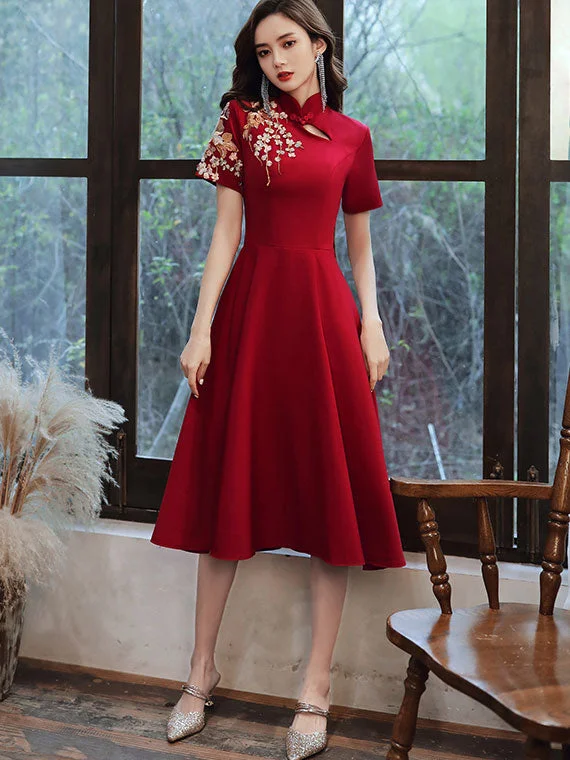 Embroidered Midi A-Line Qipao / Cheongsam Wedding Dress