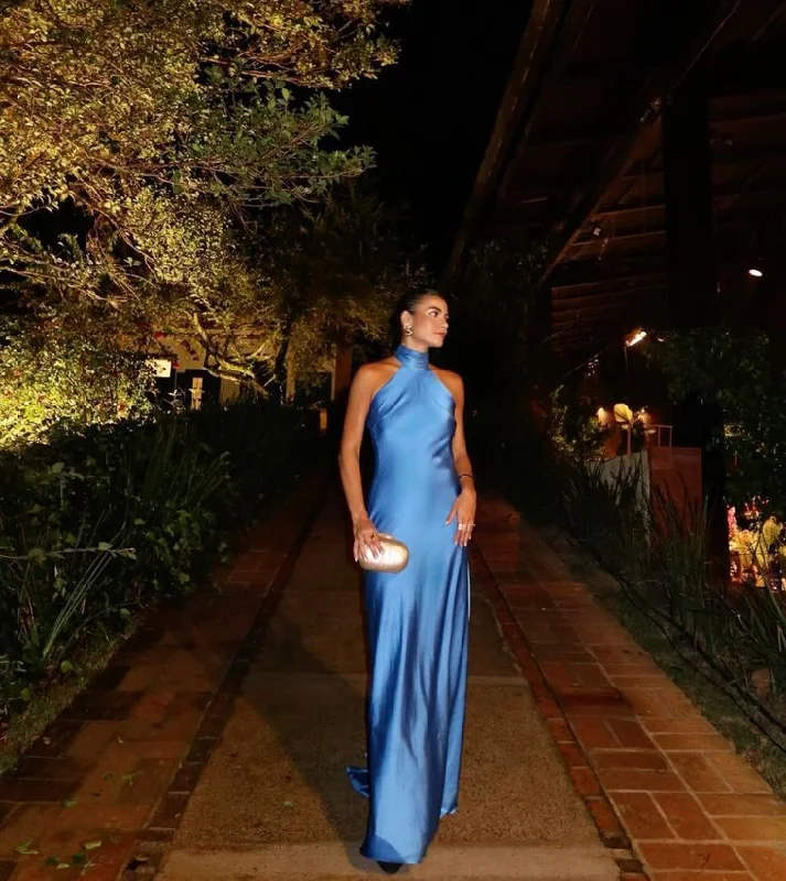 Sexy Blue Halter Backless Evening Dress Long Prom Party Dress cc1997