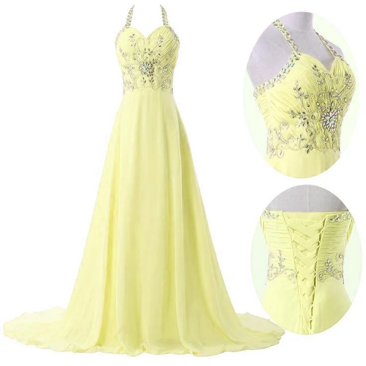 Light Yellow Chiffon Halter Beaded Long Party Dress, Chiffon Prom Dress 2021 cg16567 Light Yellow Chiffon Halter Beaded Long Party Dress, Chiffon Prom Dress 2021 cg16567