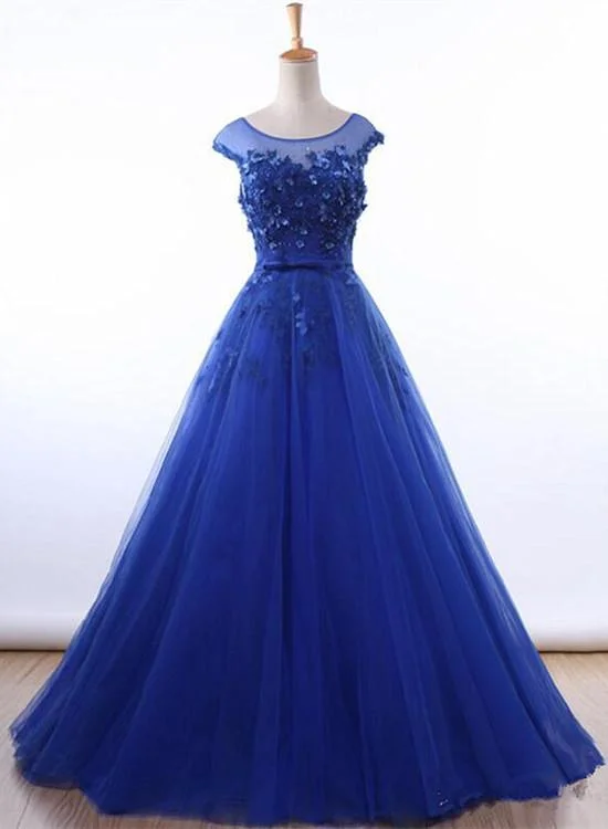 Royal Blue Ball Gown Tulle With Lace Round Cap Sleeves Prom Dress, Blue Sweet 16 Dress cg16637 Royal Blue Ball Gown Tulle With Lace Round Cap Sleeves Prom Dress, Blue Sweet 16 Dress cg16637
