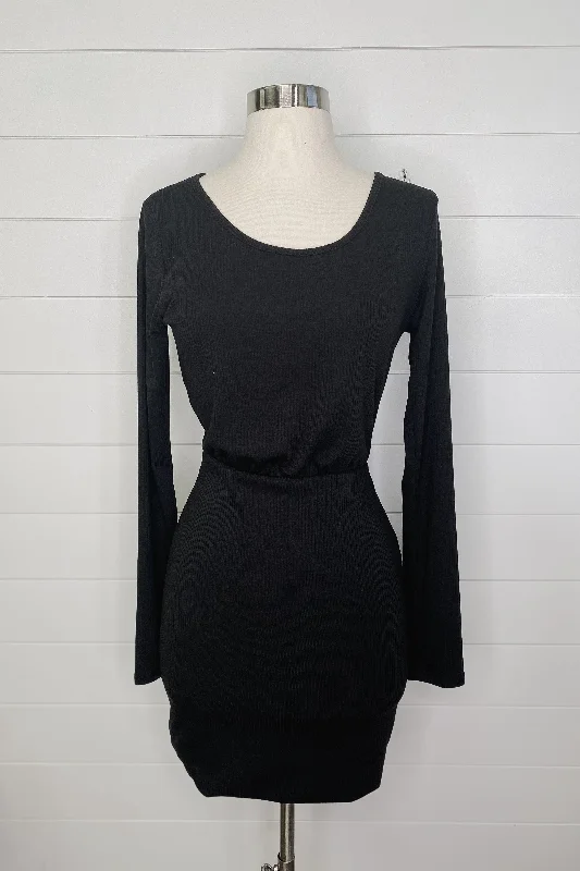 ASC Double Lined Long Sleeve Ribbed Mini Dress- Black