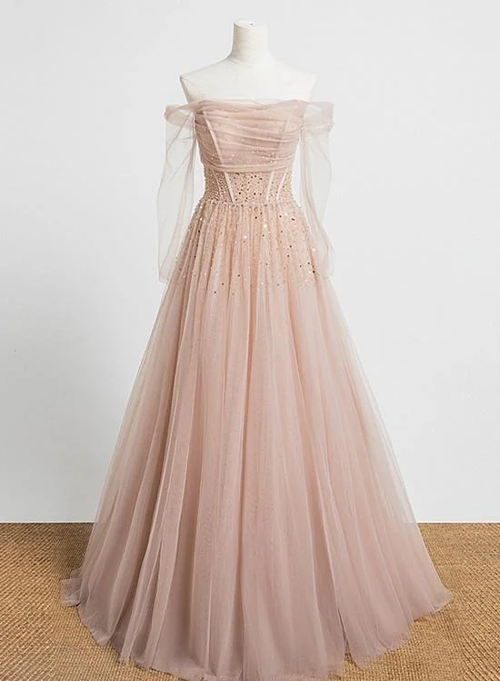 Pearl Pink Off Shoulder Long Sleeves Sequins Prom Dress, A-Line Party Dress Formal Dress cg16565 Pearl Pink Off Shoulder Long Sleeves Sequins Prom Dress, A-Line Party Dress Formal Dress cg16565