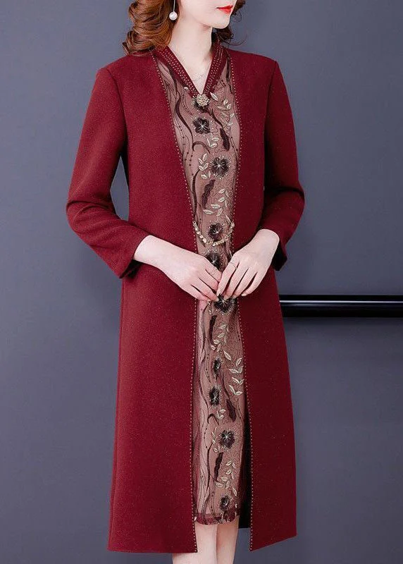 Stylish Mulberry V Neck Patchwork Embroideried Silk Fake Two Piece Dress Bracelet Sleeve Stylish Mulberry V Neck Patchwork Embroideried Silk Fake Two Piece Dress Bracelet Sleeve