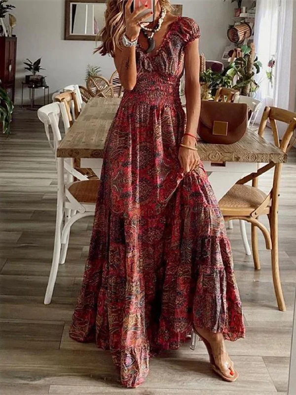 Full Size Smocked Printed V-Neck Short Sleeve Dress WH
