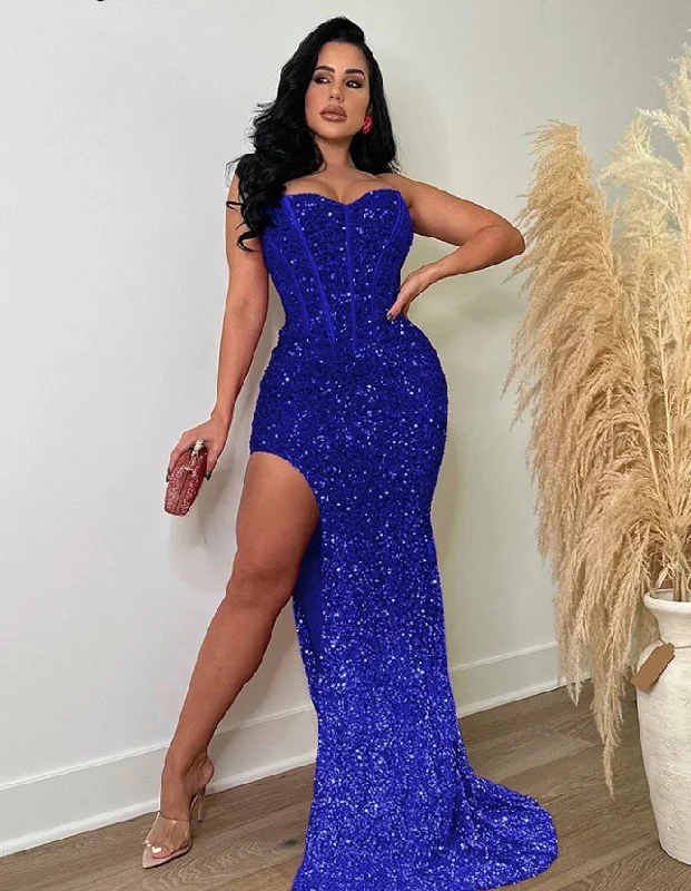 Sequined Strapless Tunic High Side Split Bodycon Midi Maxi Dress for Women Wedding Sexy Club Even Party Birthday Luxury Sequined Strapless Tunic High Side Split Bodycon Midi Maxi Dress for Women Wedding Sexy Club Even Party Birthday Luxury