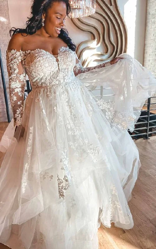 Off-Shoulder Lace Plus Size Prom Dress With Tiered Skirt     cg16932
